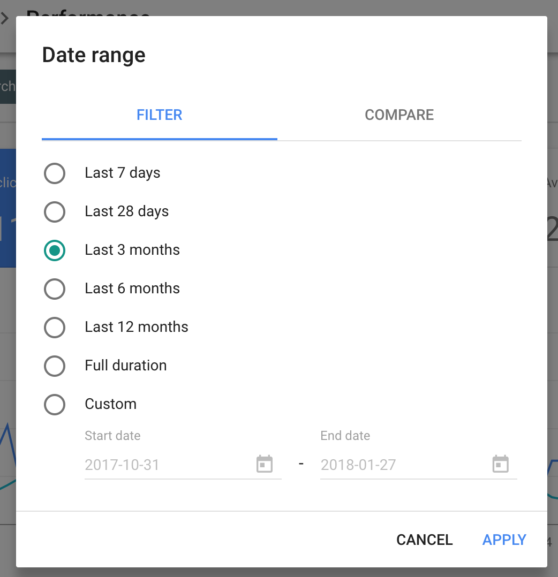Search Performance Report - Filter Options