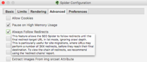 "Always Follow Redirects" Screenshot from Screaming Frog